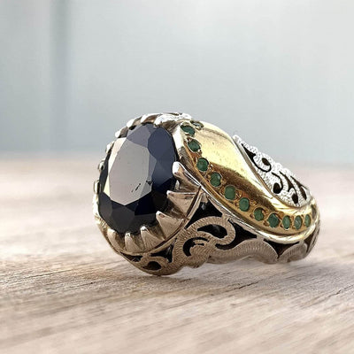 Handmade Sterling Silver Sapphire & Emerald Ring | US Size 9.5 - Al Ali Gems