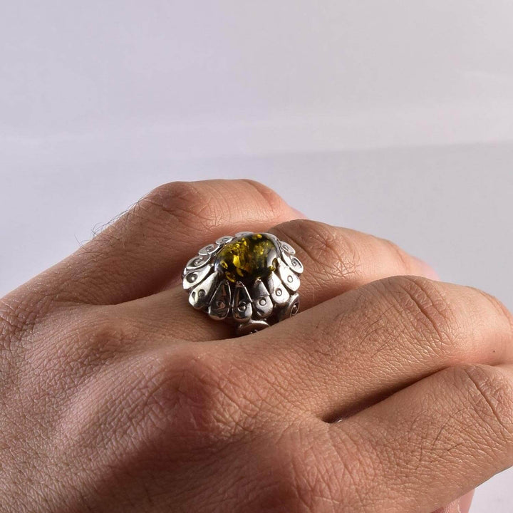 Persian Handmade Sterling Silver Amber Ring | US Size 10 - Al Ali Gems