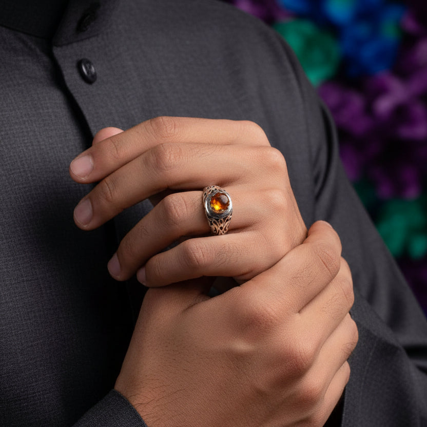 Persian Handmade Sterling Silver Amber Ring | US Size 9.5 - Al Ali Gems