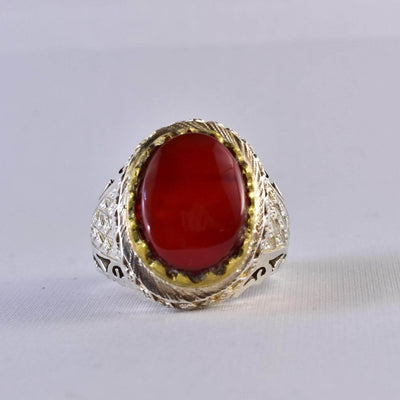 Handmade Yemeni Aqeeq Ring Men | Red Aqeeq | AlAliGems | Silver Ring Size 12.5 - Al Ali Gems