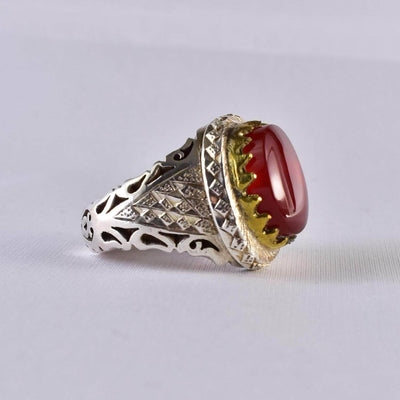 Handmade Yemeni Aqeeq Ring Men | Red Aqeeq | AlAliGems | Silver Ring Size 12.5 - Al Ali Gems