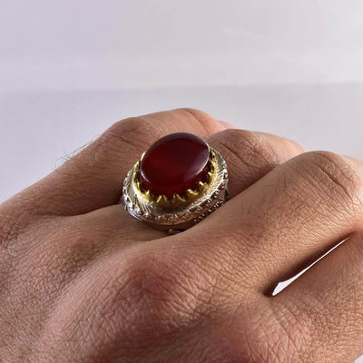 Handmade Yemeni Aqeeq Ring Men | Red Aqeeq | AlAliGems | Silver Ring Size 12.5 - Al Ali Gems