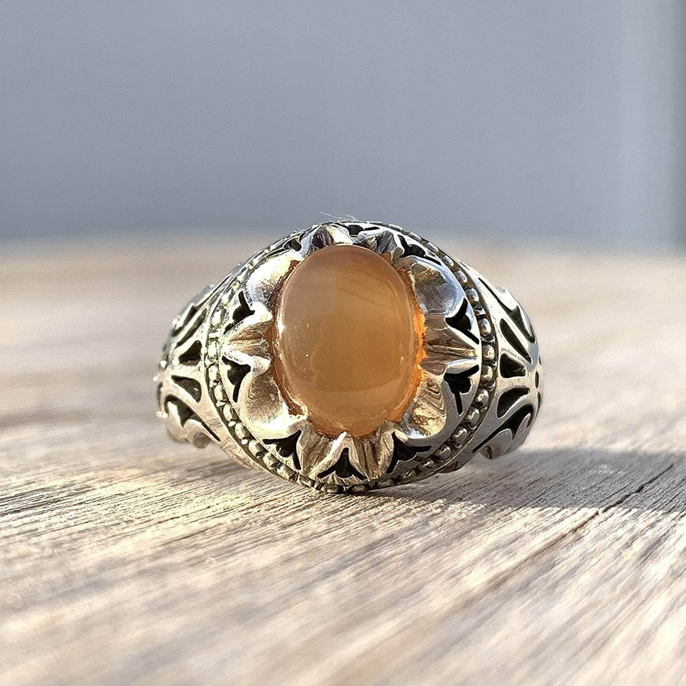 Honey Aqeeq Stone Sterling Silver Mens Ring | Yemeni Honey Aqeeq Handmade S925 | AlAliGems Size 10 - Al Ali Gems