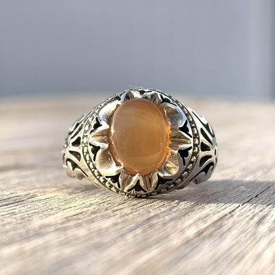 Honey Aqeeq Stone Sterling Silver Mens Ring | Yemeni Honey Aqeeq Handmade S925 | AlAliGems Size 10 - Al Ali Gems