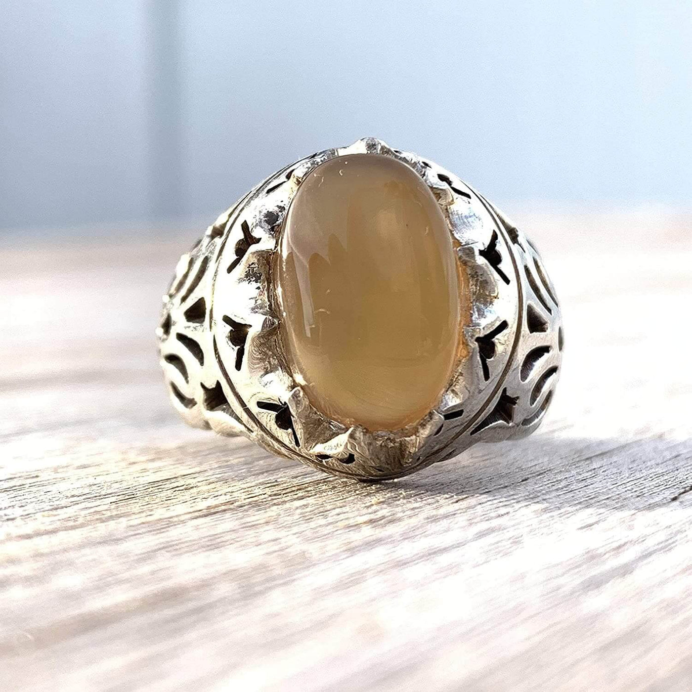 Honey Aqeeq Stone Sterling Silver Mens Ring | Yemeni Honey Aqeeq Handmade S925 | AlAliGems Size 10 - Al Ali Gems