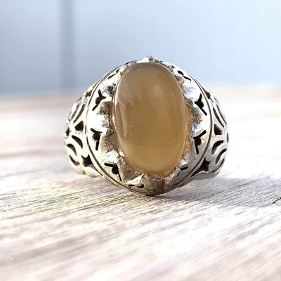 Honey Aqeeq Stone Sterling Silver Mens Ring | Yemeni Honey Aqeeq Handmade S925 | AlAliGems Size 10 - Al Ali Gems