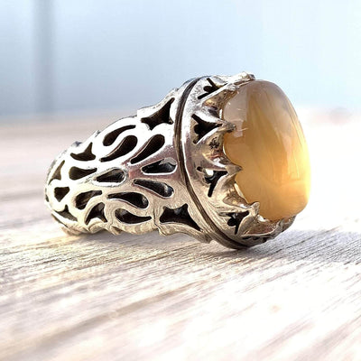Honey Aqeeq Stone Sterling Silver Mens Ring | Yemeni Honey Aqeeq Handmade S925 | AlAliGems Size 10 - Al Ali Gems
