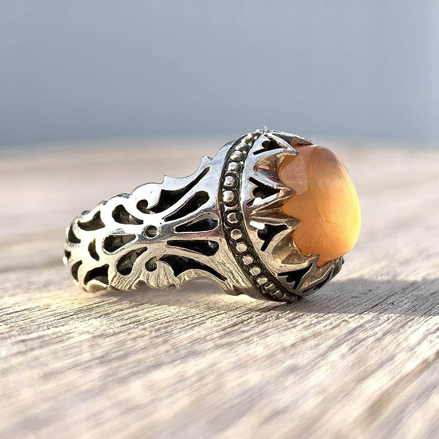 Honey Aqeeq Stone Sterling Silver Mens Ring | Yemeni Honey Aqeeq Handmade S925 | AlAliGems Size 10 - Al Ali Gems