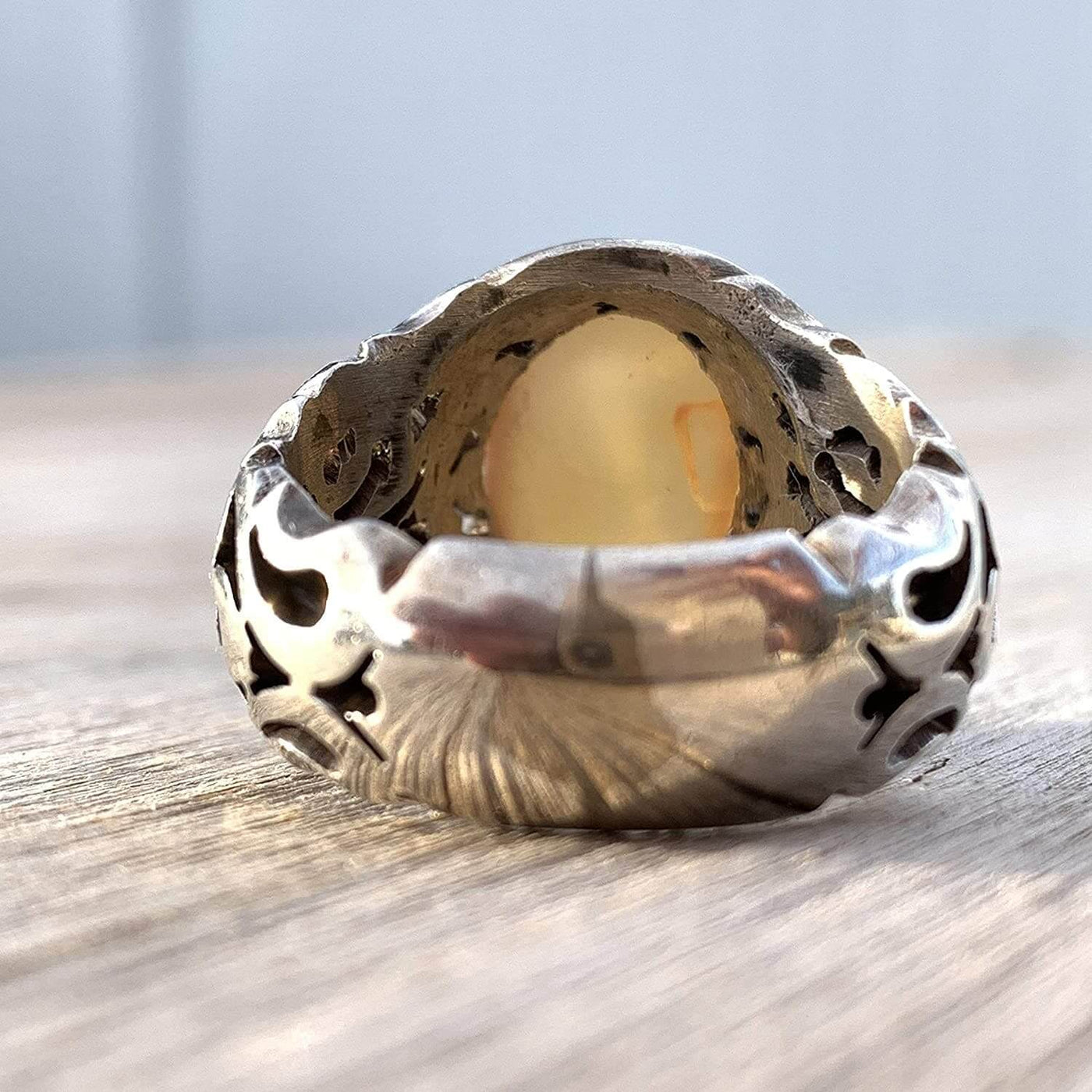 Honey Aqeeq Stone Sterling Silver Mens Ring | Yemeni Honey Aqeeq Handmade S925 | AlAliGems Size 10 - Al Ali Gems