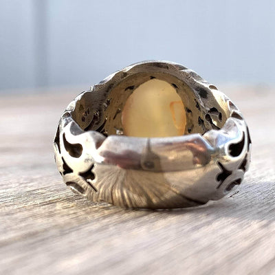 Honey Aqeeq Stone Sterling Silver Mens Ring | Yemeni Honey Aqeeq Handmade S925 | AlAliGems Size 10 - Al Ali Gems