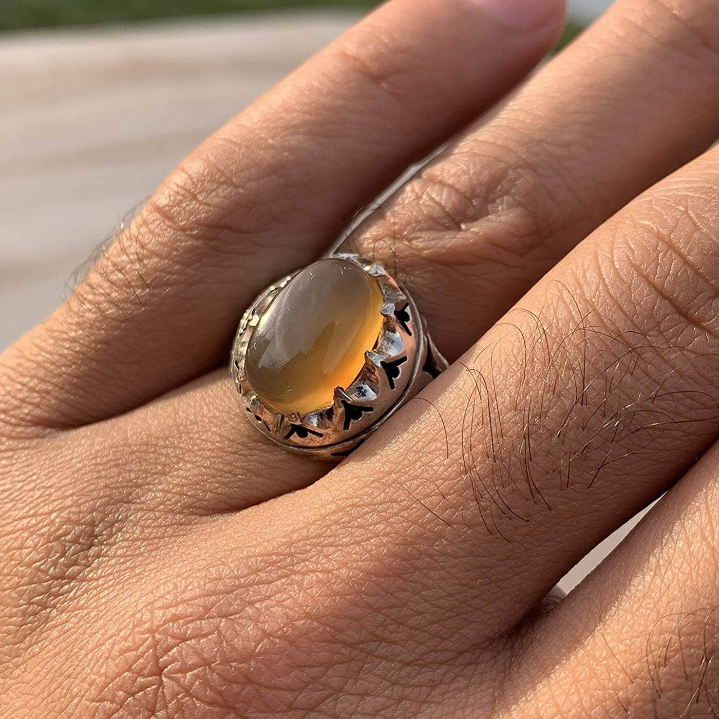 Honey Aqeeq Stone Sterling Silver Mens Ring | Yemeni Honey Aqeeq Handmade S925 | AlAliGems Size 10 - Al Ali Gems