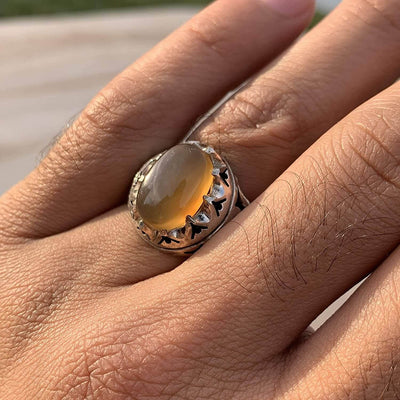 Honey Aqeeq Stone Sterling Silver Mens Ring | Yemeni Honey Aqeeq Handmade S925 | AlAliGems Size 10 - Al Ali Gems
