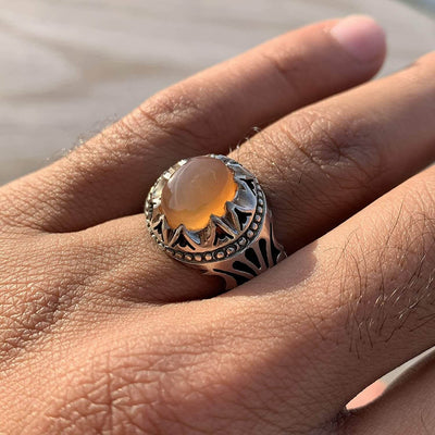 Honey Aqeeq Stone Sterling Silver Mens Ring | Yemeni Honey Aqeeq Handmade S925 | AlAliGems Size 10 - Al Ali Gems