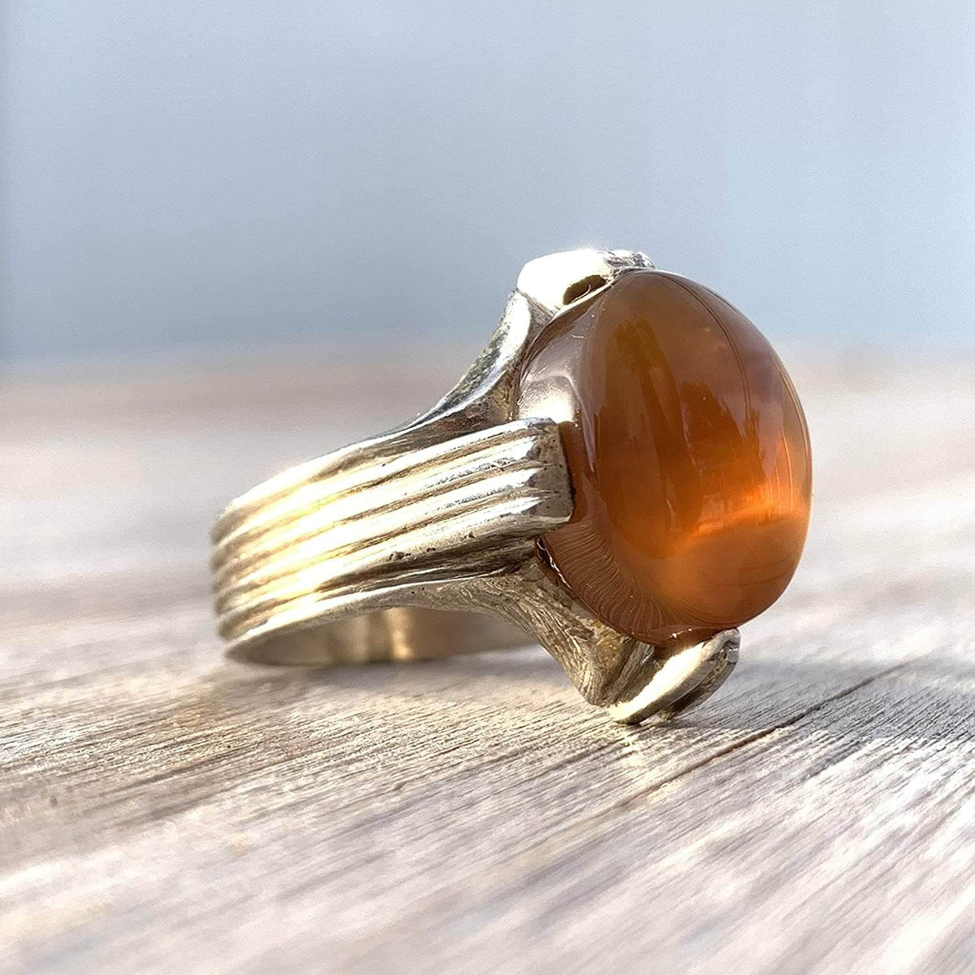 Honey Aqeeq Stone Sterling Silver Mens Ring | Yemeni Honey Aqeeq Handmade S925 | AlAliGems Size 10.25 - Al Ali Gems