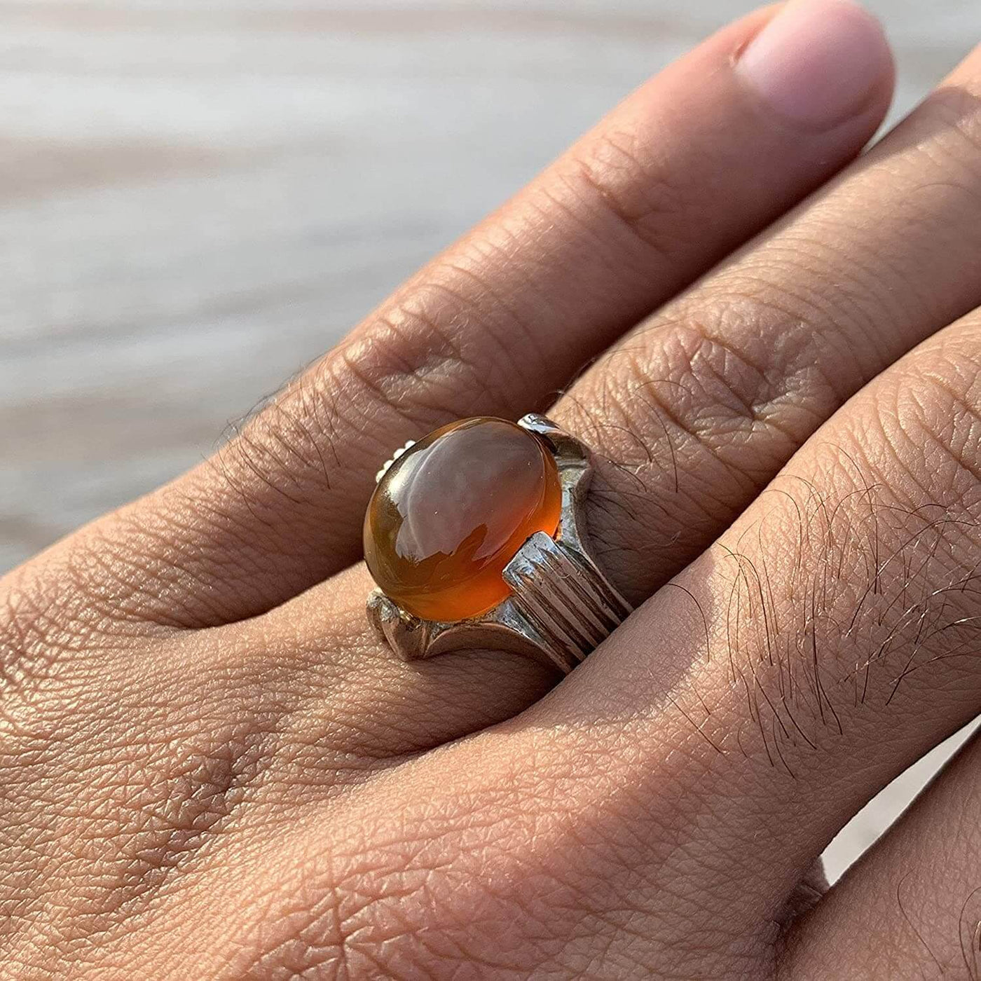 Honey Aqeeq Stone Sterling Silver Mens Ring | Yemeni Honey Aqeeq Handmade S925 | AlAliGems Size 10.25 - Al Ali Gems