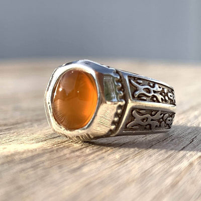 Honey Aqeeq Stone Sterling Silver Mens Ring | Yemeni Honey Aqeeq Handmade S925 | AlAliGems Size 10.5 - Al Ali Gems