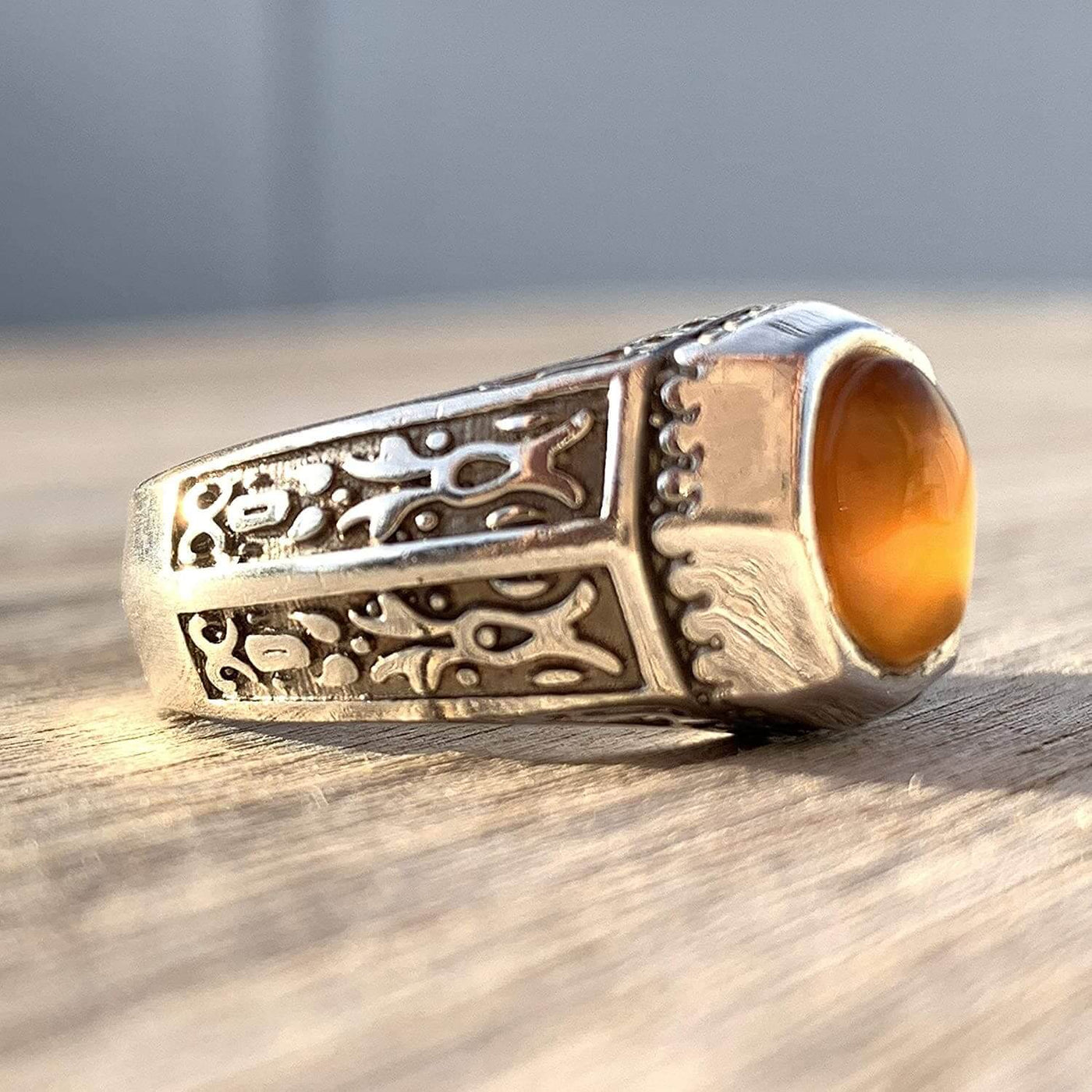 Honey Aqeeq Stone Sterling Silver Mens Ring | Yemeni Honey Aqeeq Handmade S925 | AlAliGems Size 10.5 - Al Ali Gems