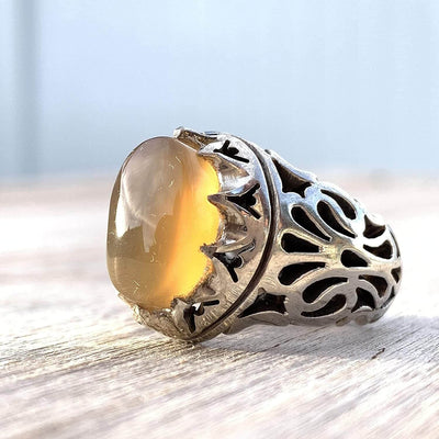 Honey Aqeeq Stone Sterling Silver Mens Ring | Yemeni Honey Aqeeq Handmade S925 | AlAliGems Size 10 - Al Ali Gems