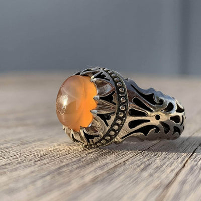 Honey Aqeeq Stone Sterling Silver Mens Ring | Yemeni Honey Aqeeq Handmade S925 | AlAliGems Size 10 - Al Ali Gems