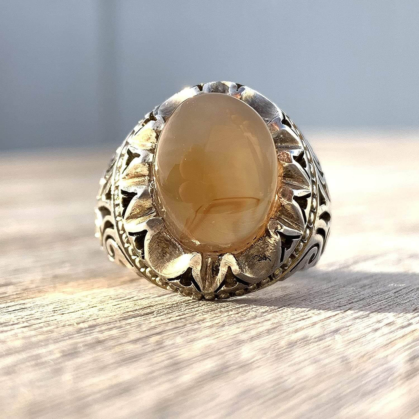 Honey Aqeeq Stone Sterling Silver Mens Ring | Yemeni Honey Aqeeq Handmade S925 | AlAliGems Size 9.5 - Al Ali Gems