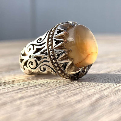 Honey Aqeeq Stone Sterling Silver Mens Ring | Yemeni Honey Aqeeq Handmade S925 | AlAliGems Size 9.5 - Al Ali Gems