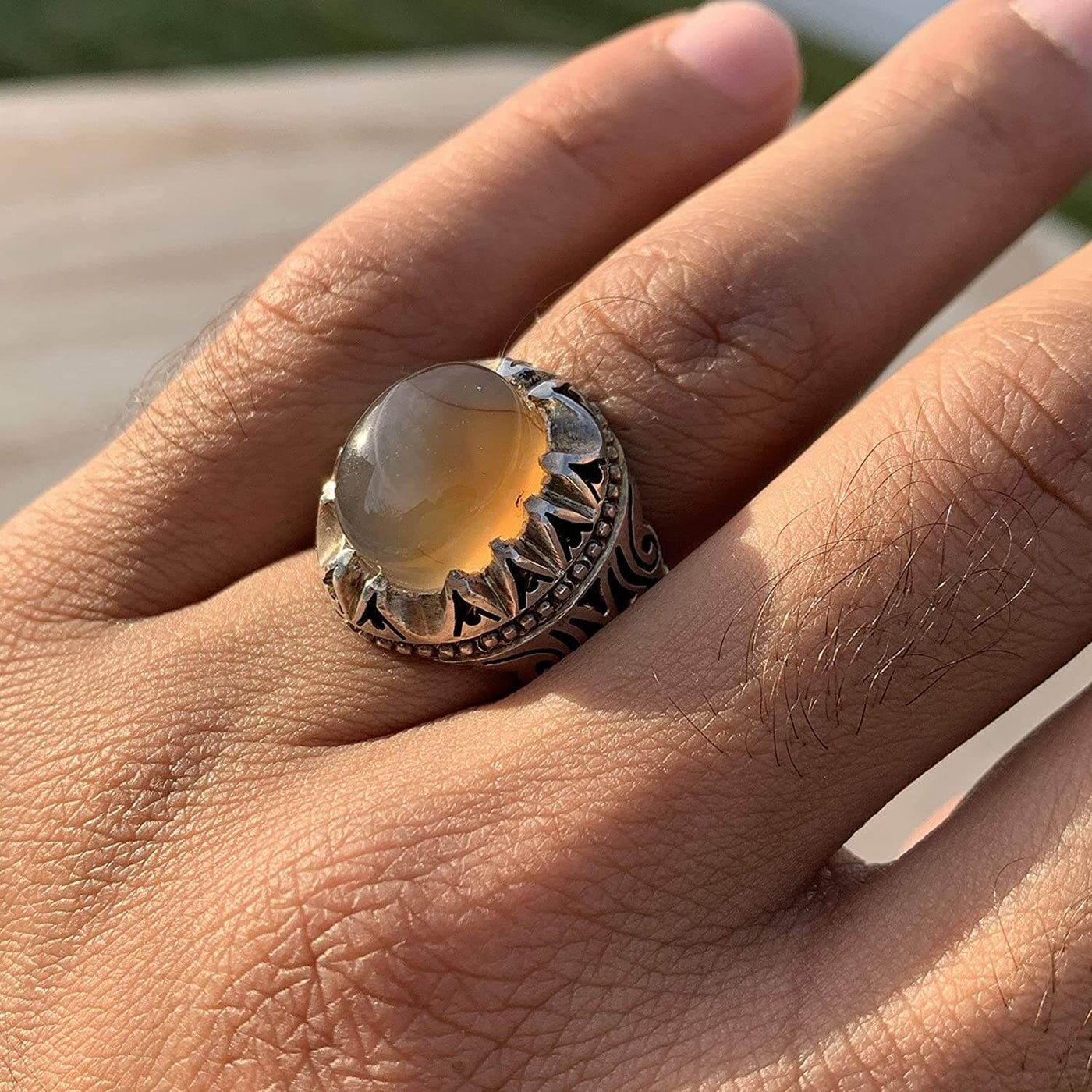 Honey Aqeeq Stone Sterling Silver Mens Ring | Yemeni Honey Aqeeq Handmade S925 | AlAliGems Size 9.5 - Al Ali Gems