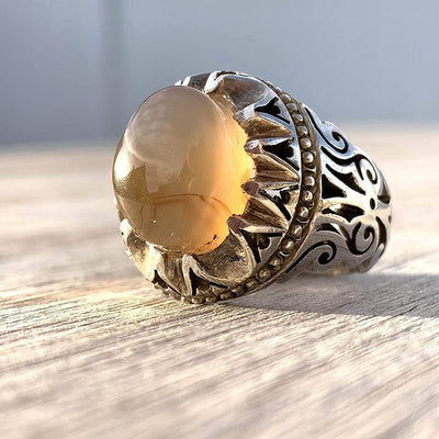 Honey Aqeeq Stone Sterling Silver Mens Ring | Yemeni Honey Aqeeq Handmade S925 | AlAliGems Size 9.5 - Al Ali Gems