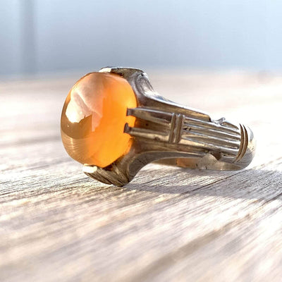 Honey Aqeeq Stone Sterling Silver Mens Ring | Yemeni Honey Aqeeq Handmade S925 | AlAliGems Size 9 - Al Ali Gems