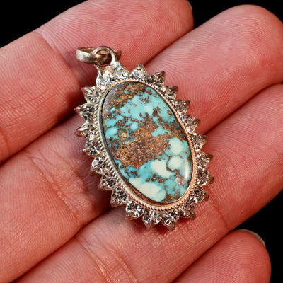 Oval Blue Neyshabur Turquoise Stone Pendant | Feroza Pendant with Cubic Zirconia - Al Ali Gems