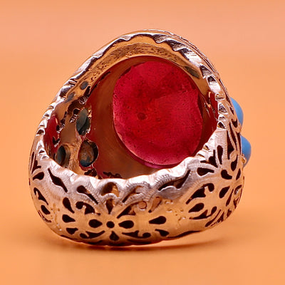 Handmade Yaqoot & Feroza Ring | Handmade Ruby Ring With Persian Turquoise Stones | US Size 10.5 - Al Ali Gems
