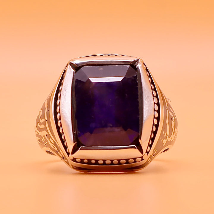 Handmade Engraved Sapphire Ring | Engraved Ya Aba Alfazil Alabbas | US Size 12 - Al Ali Gems