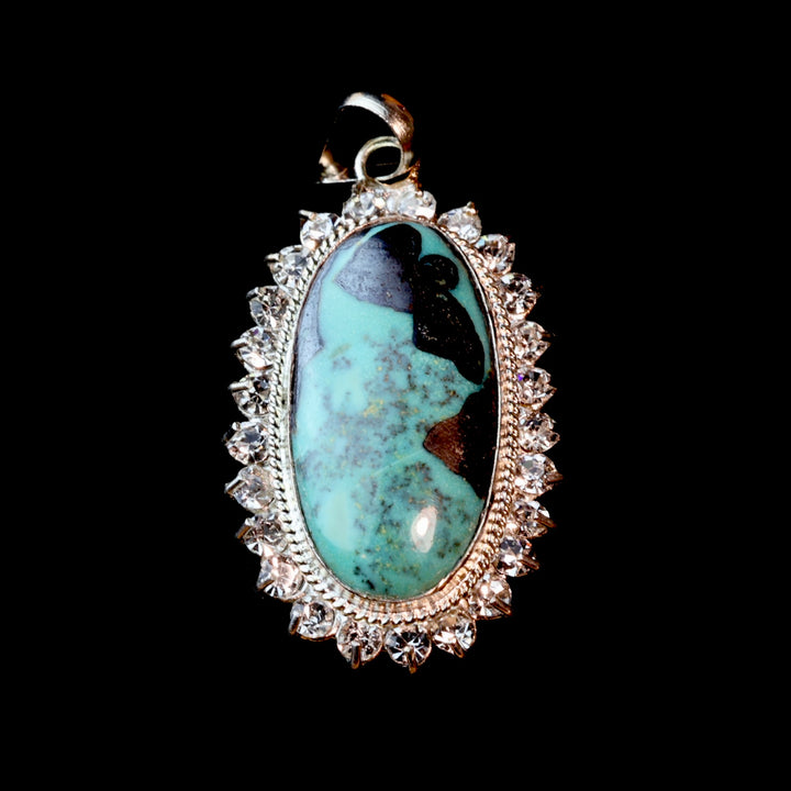 Oval Green Neyshabur Turquoise Stone Pendant | Feroza Pendant with Cubic Zirconia - Al Ali Gems