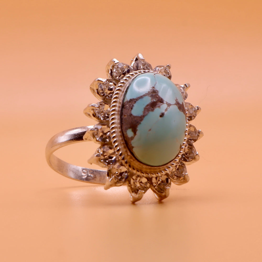 Nishapuri Feroza Ring for Ladies | Genuine Persian Turquoise Sterling Silver Ring with Cubic Zirconia for Women US Size 9 - AlAliGems