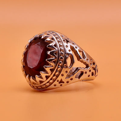 Handmade Yaqoot Silver Ring | Ruby Stone Ring Unisex US Size 9.25 - Al Ali Gems