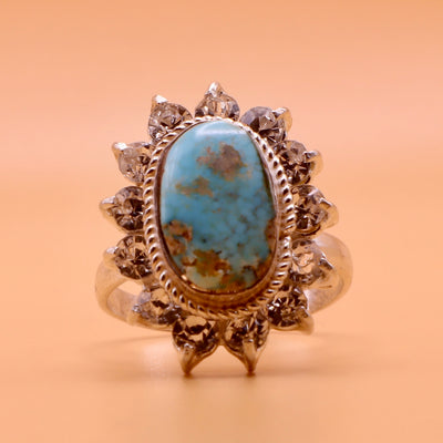 Nishapuri Feroza Ring for Ladies | Genuine Persian Turquoise Sterling Silver Ring with Cubic Zirconia for Women US Size 7 - AlAliGems