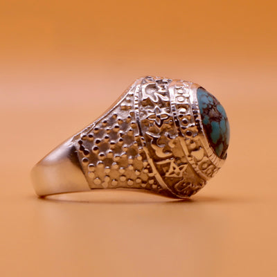 Nyshapuri Feroza Stone Ring | Natural Blue Turquoise Stone Ring | Sterling Silver 92.5 | Geniune Feroza Stone | US Size 10 - AlAliGems
