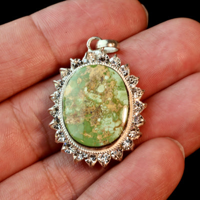 Green Oval Neyshabur Turquoise Stone Pendant | Feroza Pendant with Cubic Zirconia - Al Ali Gems