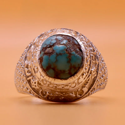 Nyshapuri Feroza Stone Ring | Natural Blue Turquoise Stone Ring | Sterling Silver 92.5 | Geniune Feroza Stone | US Size 10 - AlAliGems