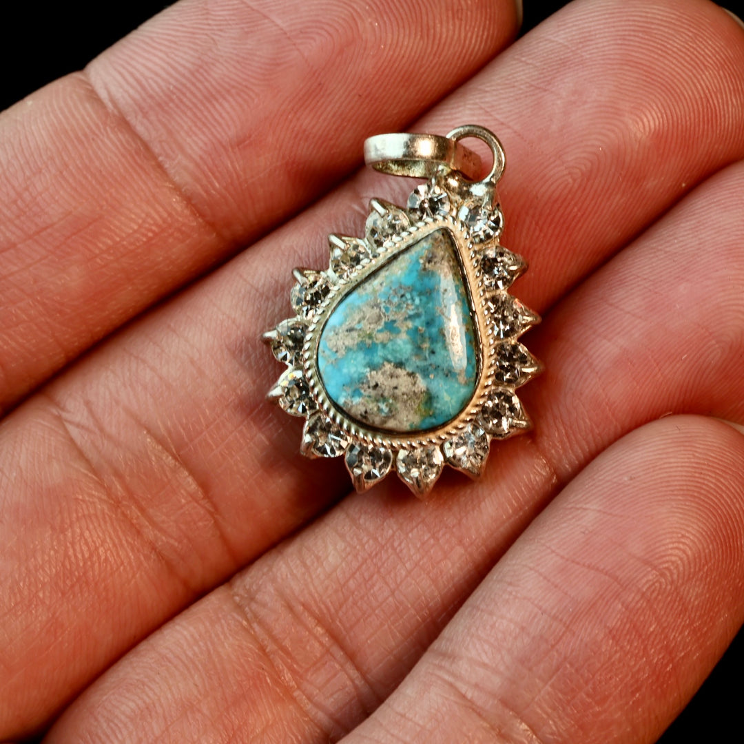 Teardrop Blue Neyshabur Turquoise Stone Pendant | Feroza Pendant with Cubic Zirconia - Al Ali Gems