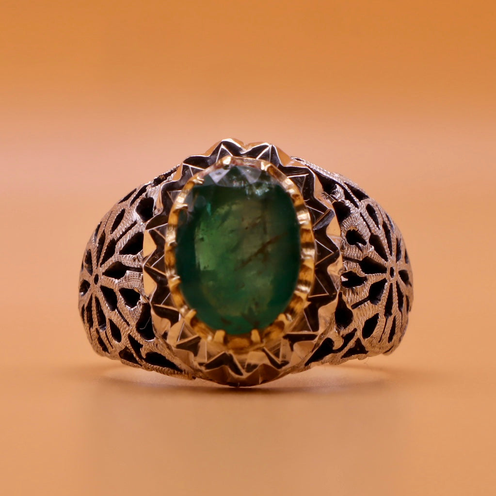 Handmade Persian Sterling Silver Ring with Emerald Stone - Al Ali Gems