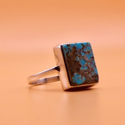 Square Nishapuri Feroza Ring | Genuine Persian Turquoise Sterling Silver Ring with Unisex US Size 8.5 - AlAliGems