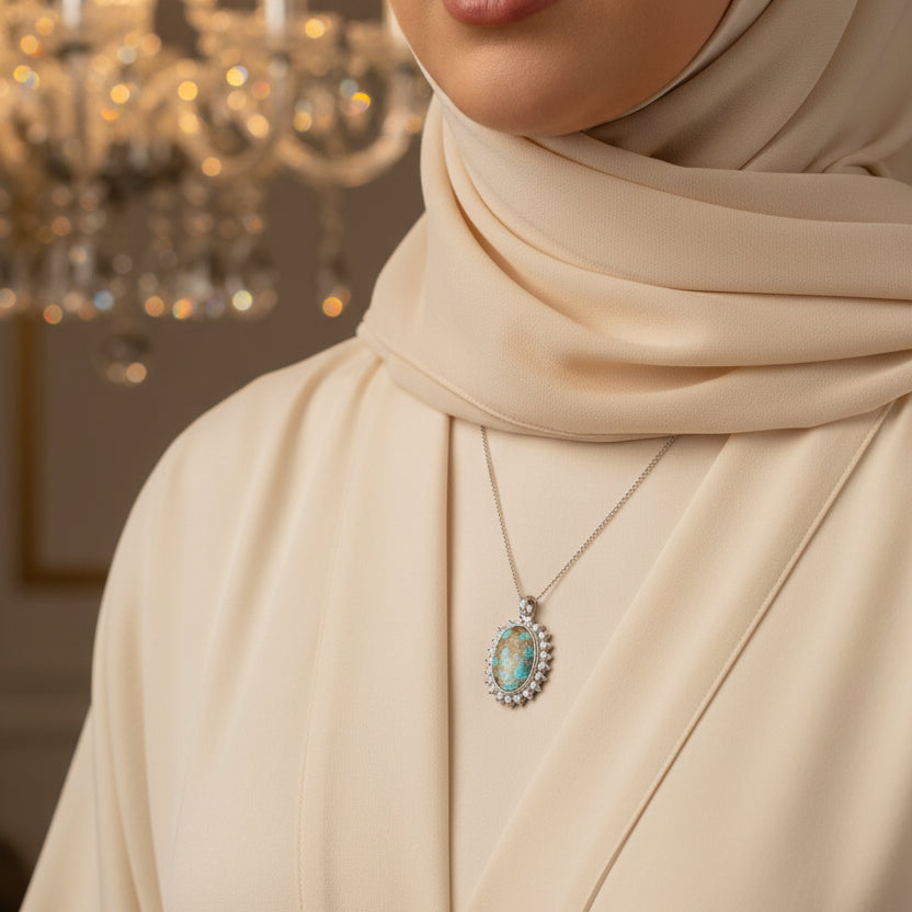 Oval Blue and Gold Neyshabur Turquoise Stone Pendant | Feroza Pendant with Cubic Zirconia - Al Ali Gems