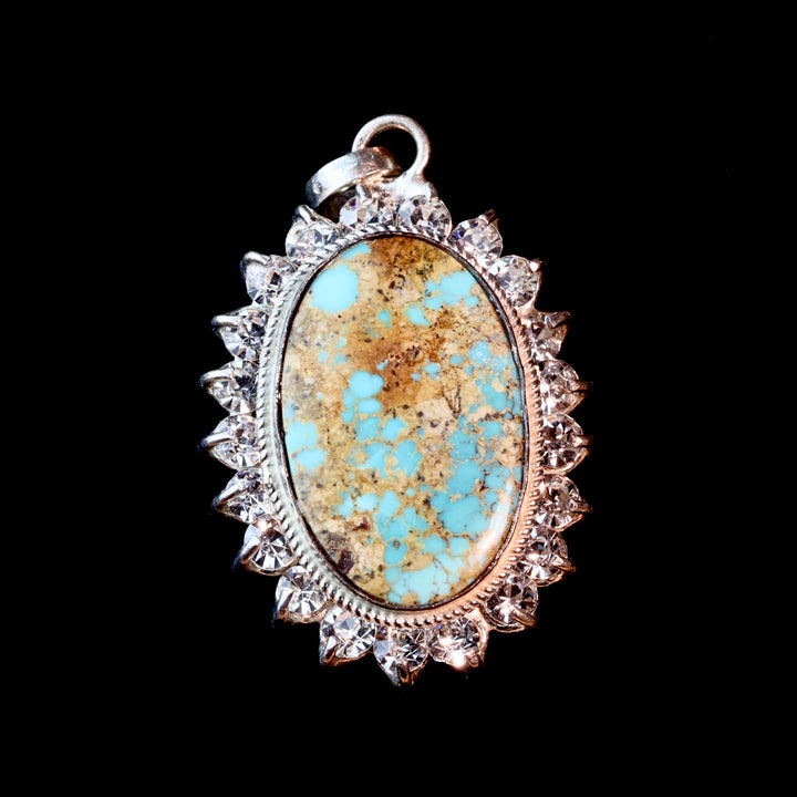 Oval Blue and Gold Neyshabur Turquoise Stone Pendant | Feroza Pendant with Cubic Zirconia - Al Ali Gems