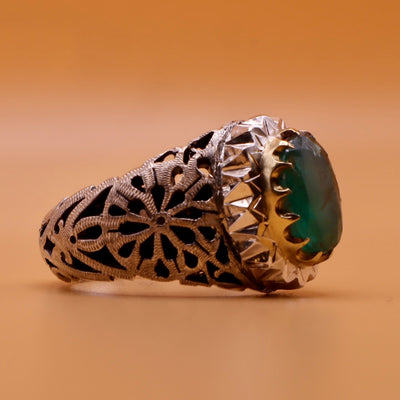 Handmade Persian Sterling Silver Ring with Emerald Stone - Al Ali Gems
