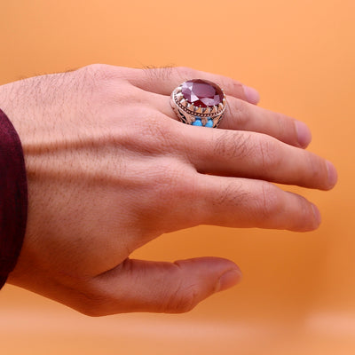 Handmade Yaqoot & Feroza Ring | Handmade Ruby Ring With Persian Turquoise Stones | US Size 10.5 - Al Ali Gems