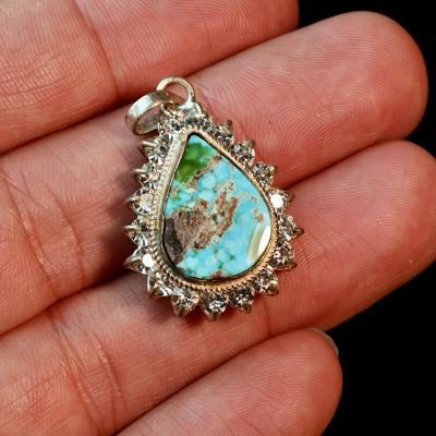 Teardrop Blue and Green Neyshabur Turquoise Stone Pendant | Feroza Pendant with Cubic Zirconia - Al Ali Gems