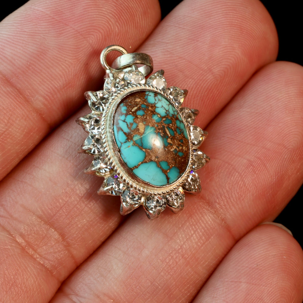 Oval Blue Neyshabur Turquoise Stone Pendant | Feroza Pendant with Cubic Zirconia - Al Ali Gems