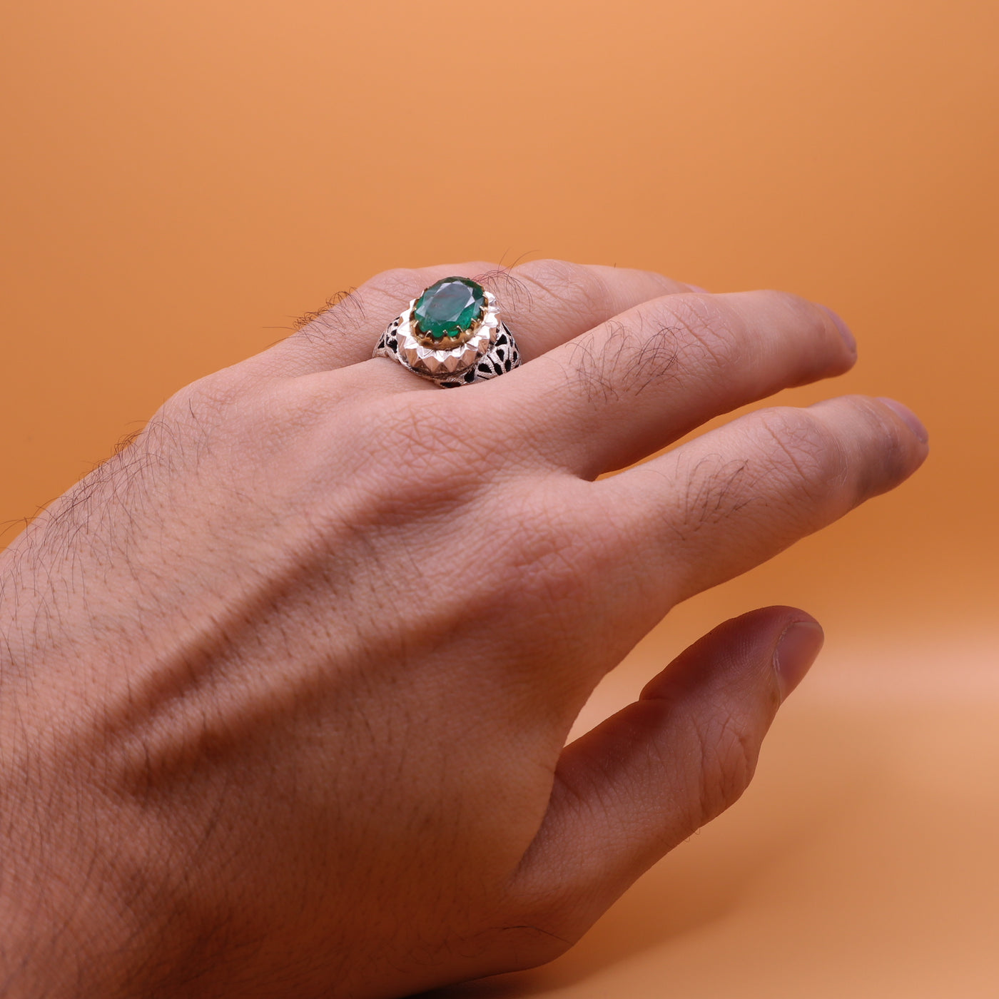Handmade Persian Sterling Silver Ring with Emerald Stone - Al Ali Gems