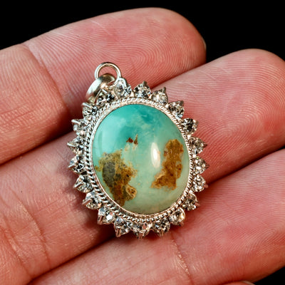 Round Green Neyshabur Turquoise Stone Pendant | Feroza Pendant with Cubic Zirconia - Al Ali Gems