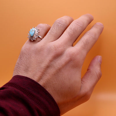 Nishapuri Feroza Ring for Ladies | Genuine Persian Turquoise Sterling Silver Ring with Cubic Zirconia for Women US Size 7 - AlAliGems